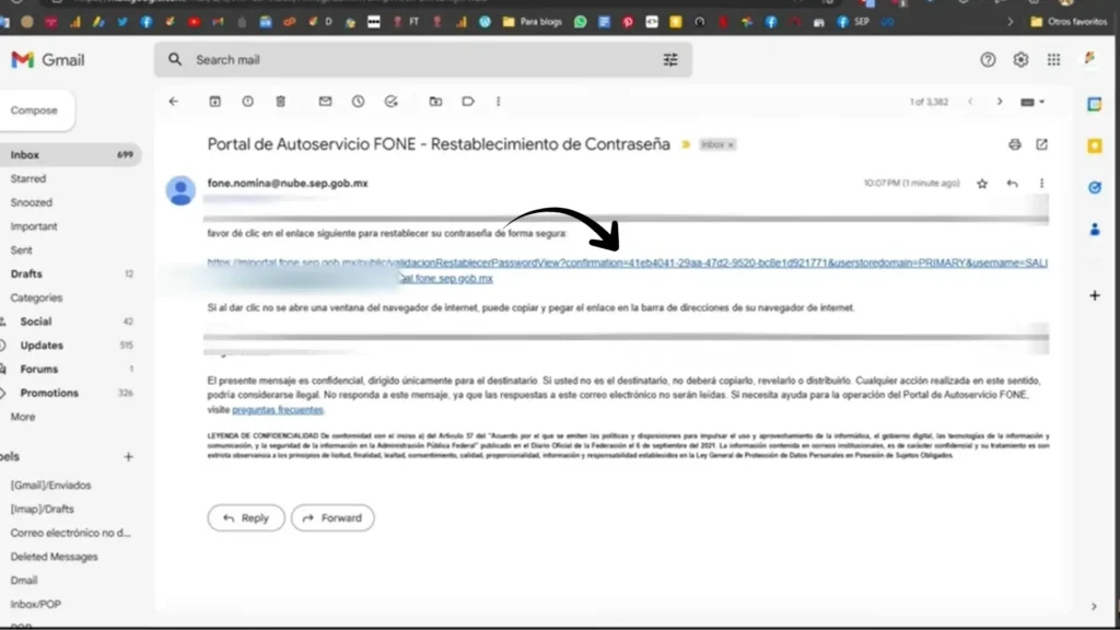 Abre el correo para restablecer la contraseña